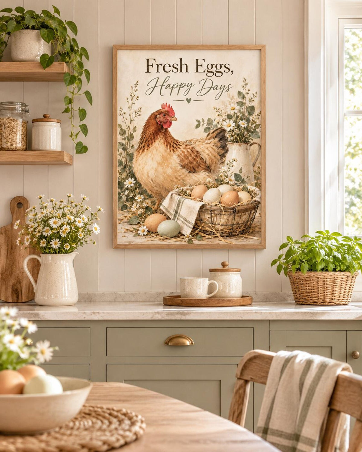 Fresh Eggs Happy Days chicken framed print mockup 2