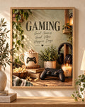 Gaming room print with Good Games, Good Vibes, Happier Days quote in a cosy interior