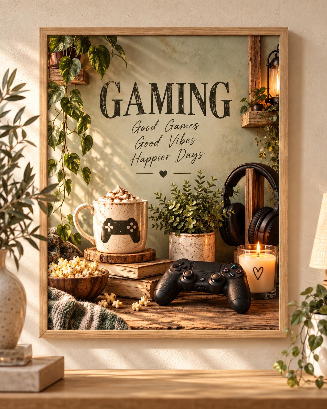 Gaming room print with Good Games, Good Vibes, Happier Days quote in a cosy interior