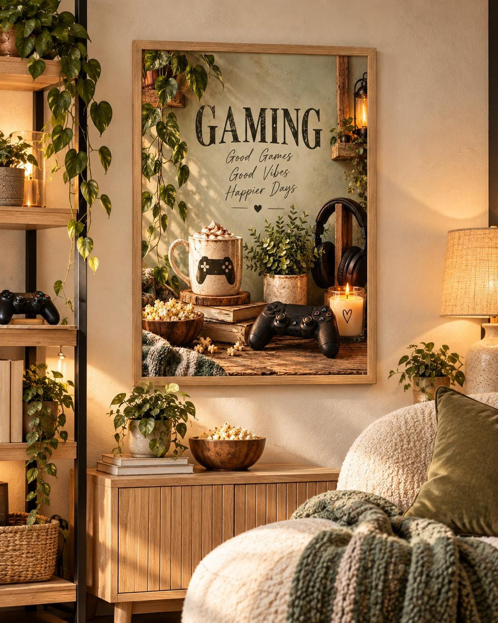 Gaming room print with Good Games, Good Vibes, Happier Days quote in a cosy interior