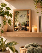 Gaming room print with Good Games, Good Vibes, Happier Days quote in a cosy interior