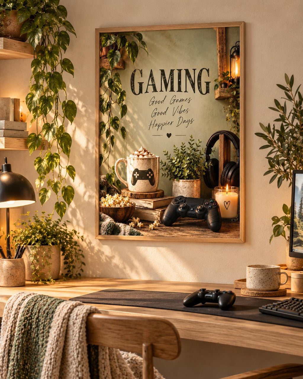 Gaming room print with Good Games, Good Vibes, Happier Days quote in a cosy interior