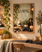 Gaming room print with Good Games, Good Vibes, Happier Days quote in a cosy interior