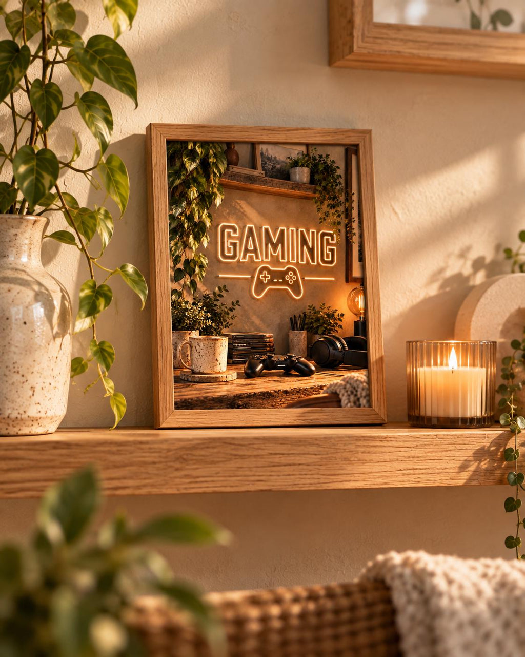 Gaming neon controller wall art lifestyle mockup 4