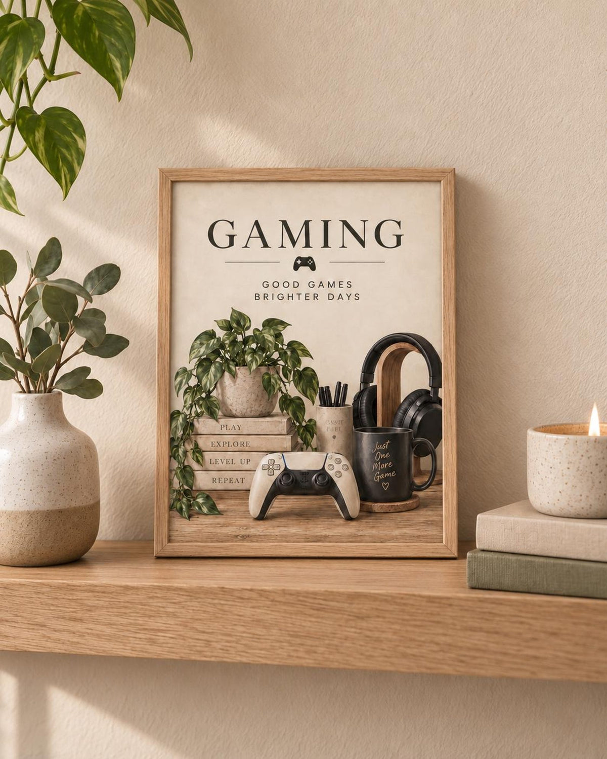 Gaming setup wall art neutral interior mockup