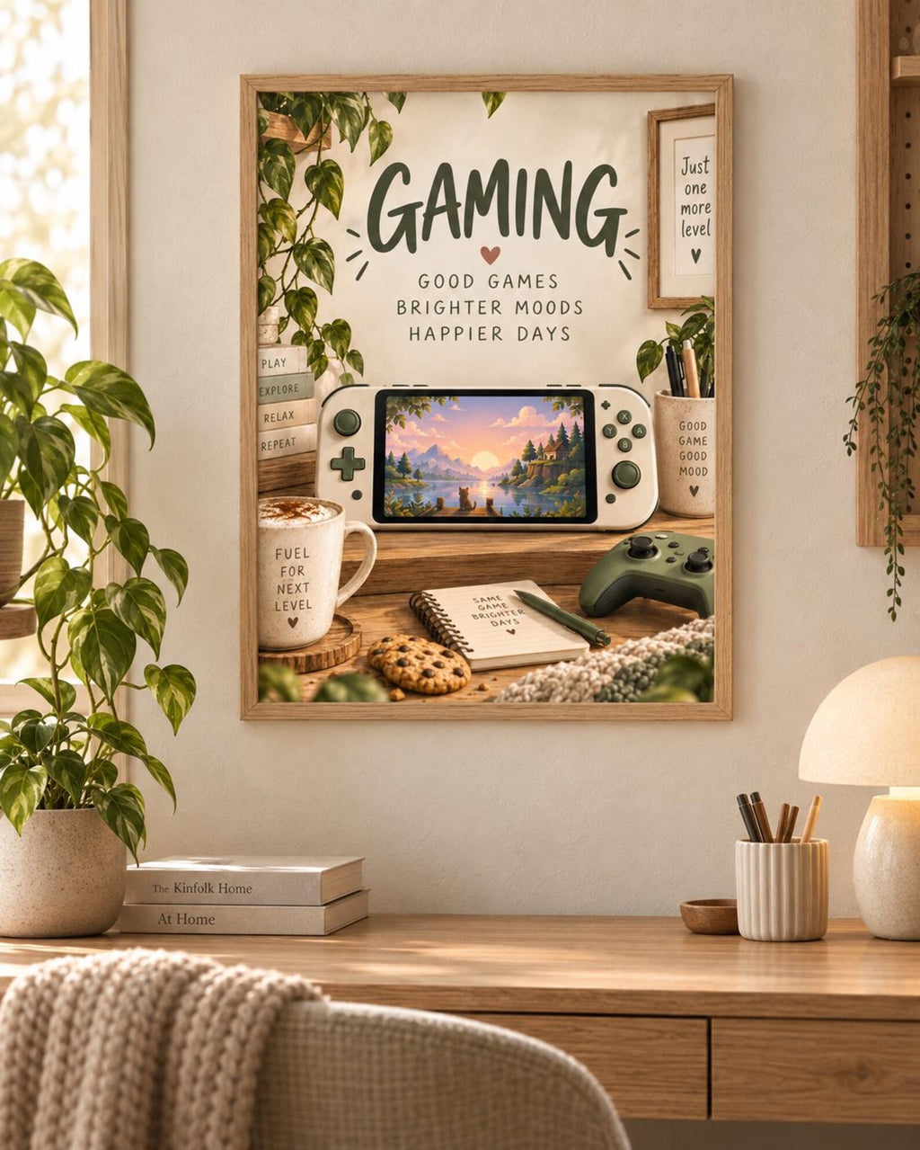 Cosy Gaming print relaxed gaming setup mockup