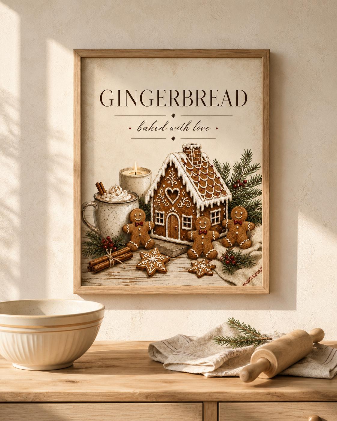 Gingerbread Christmas print neutral kitchen lifestyle mockup