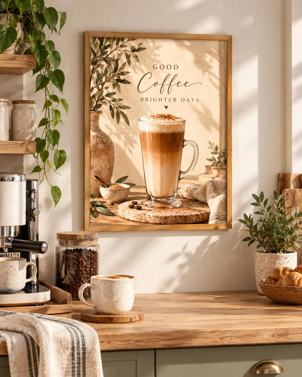 Good Coffee Brighter Days latte framed print mockup 2