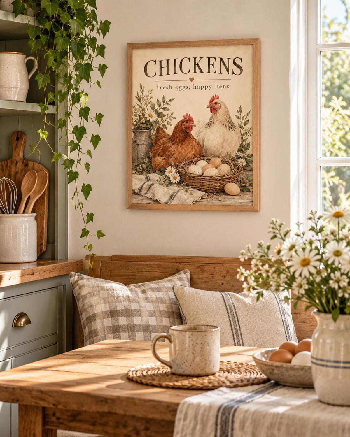 Fresh Eggs Happy Hens chicken framed print mockup 2