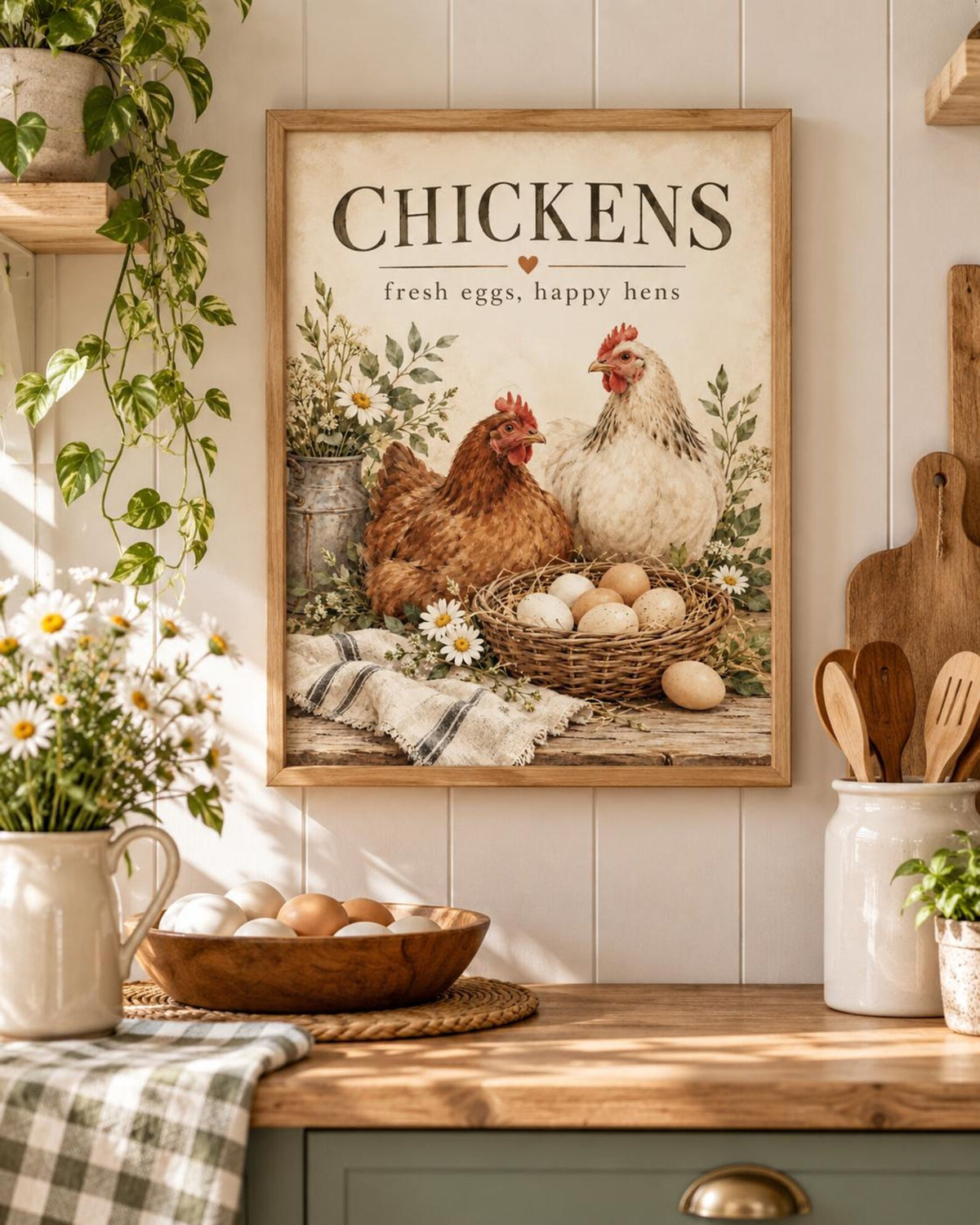Fresh Eggs Happy Hens chicken framed print mockup 5