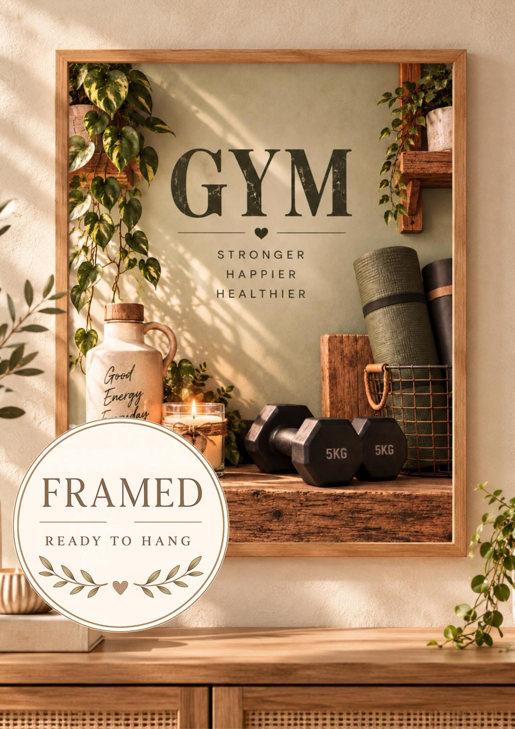 Botanical home gym framed print with motivational wording and fitness equipment