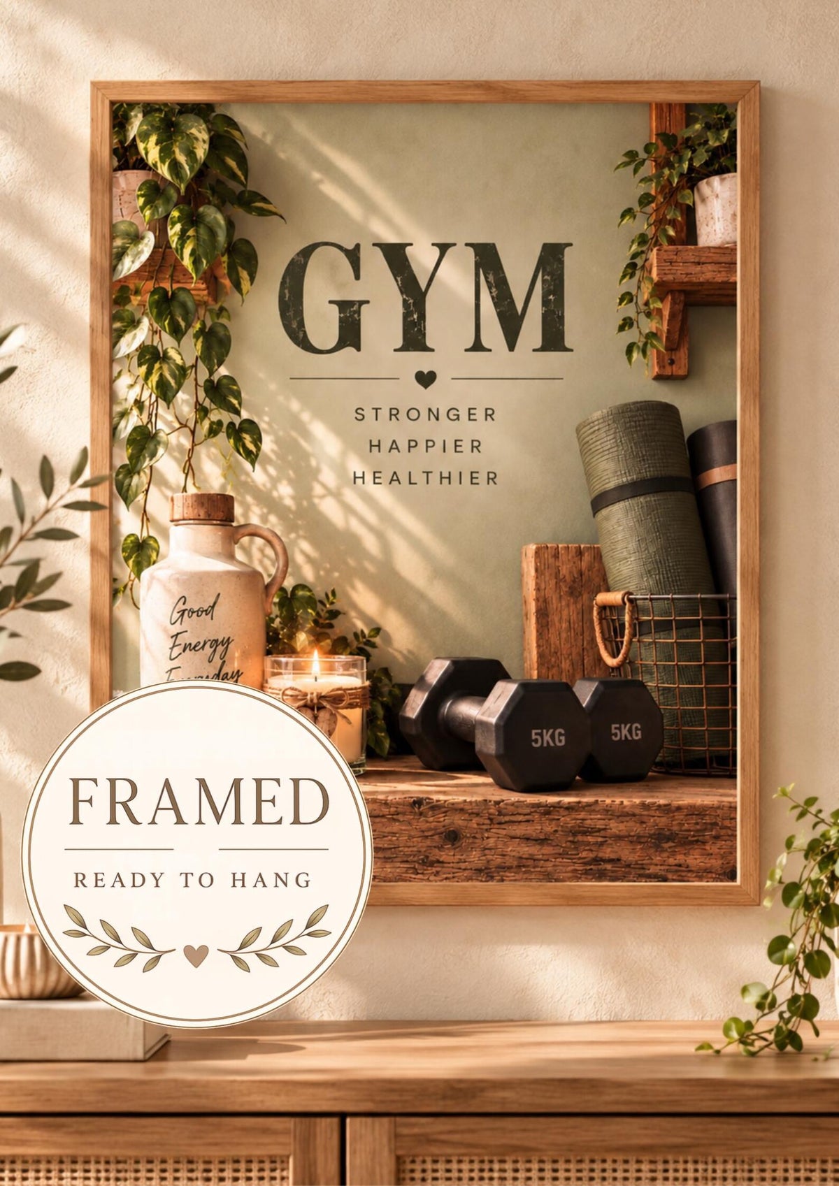 Botanical home gym framed print with motivational wording and fitness equipment