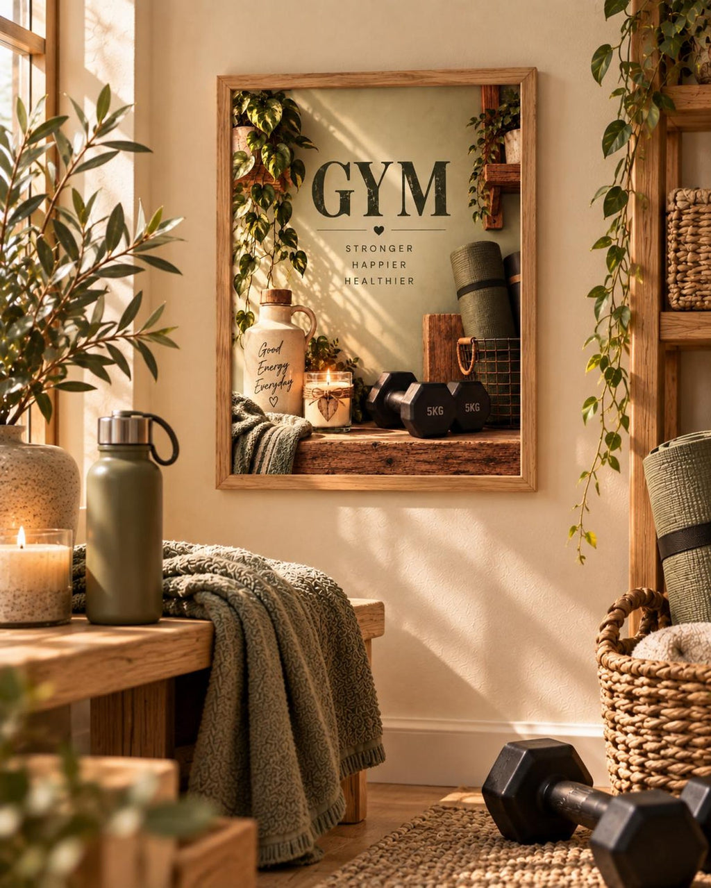 Botanical home gym framed print with motivational wording in a warm interior, lifestyle view 1