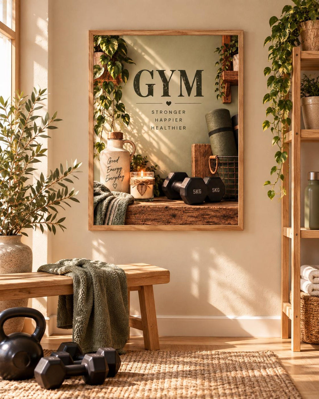 Botanical home gym framed print with motivational wording in a warm interior, lifestyle view 2