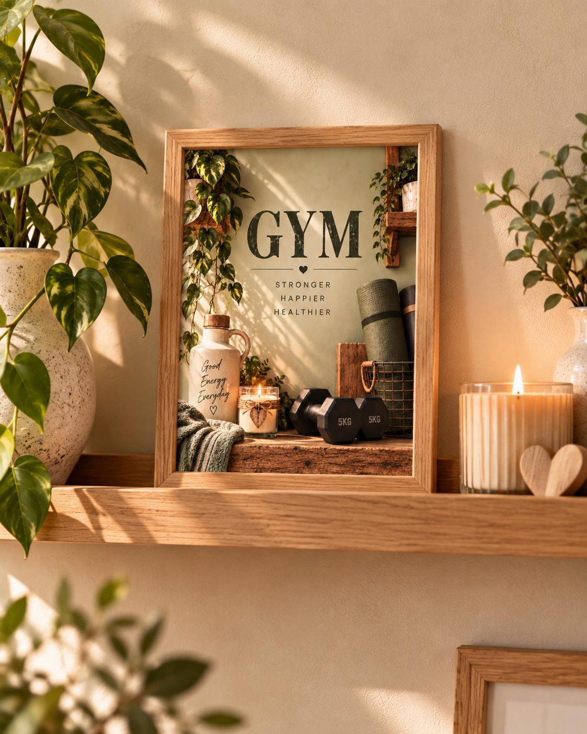 Botanical home gym framed print with motivational wording in a warm interior, lifestyle view 5
