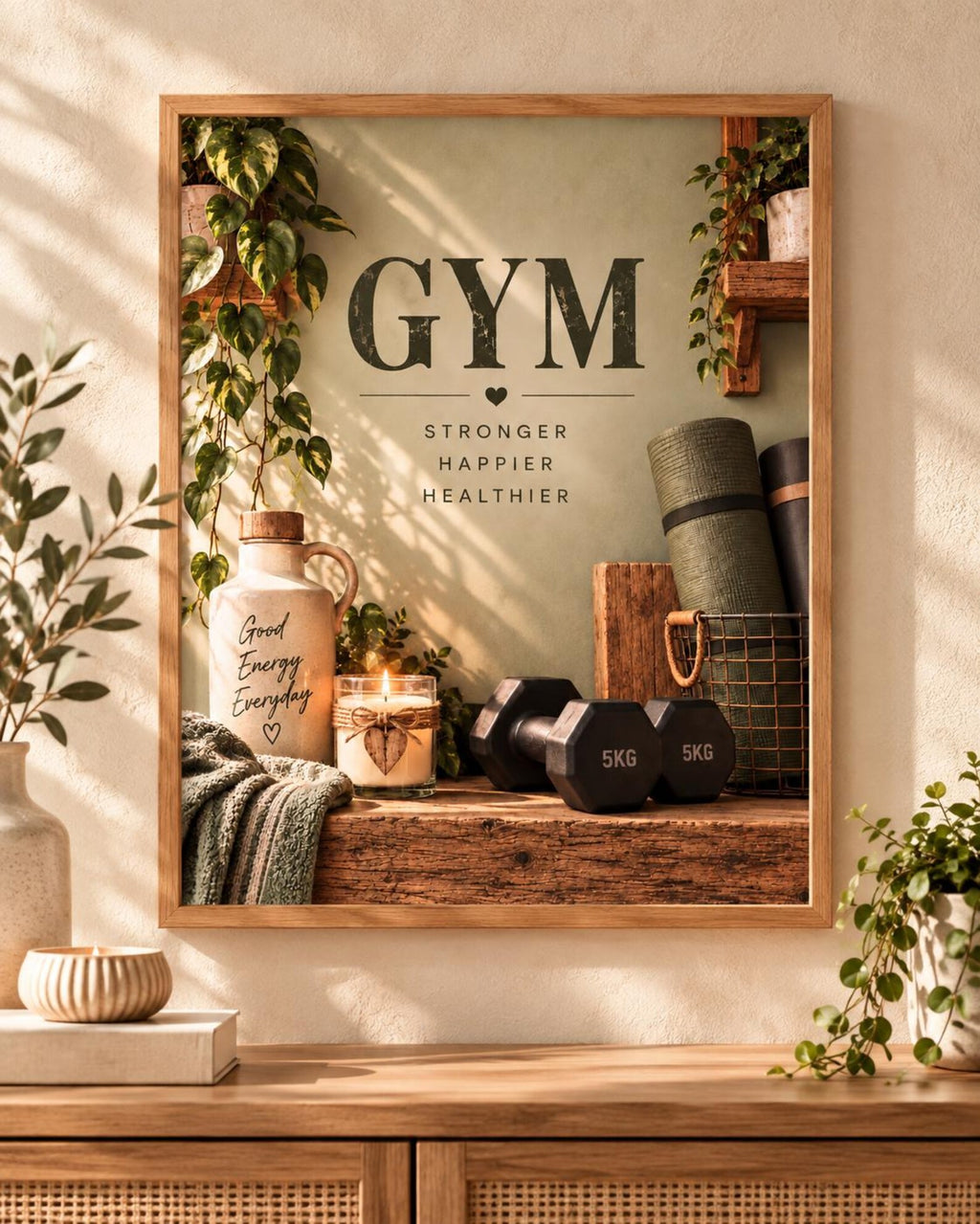 Botanical home gym print with motivational wording and fitness equipment