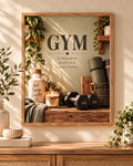 Botanical home gym print with motivational wording and fitness equipment
