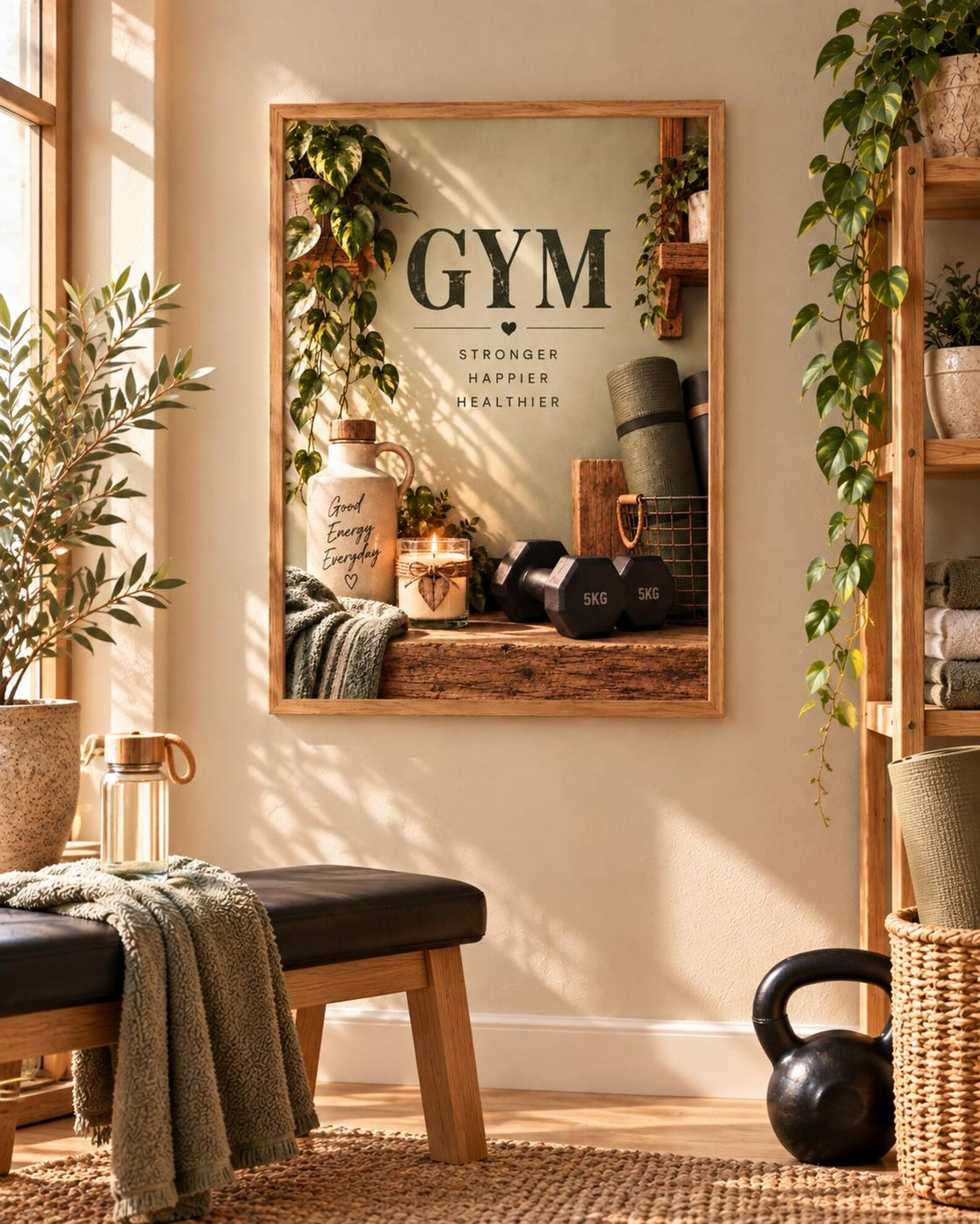 Botanical home gym print with motivational wording in a warm interior, lifestyle view 1