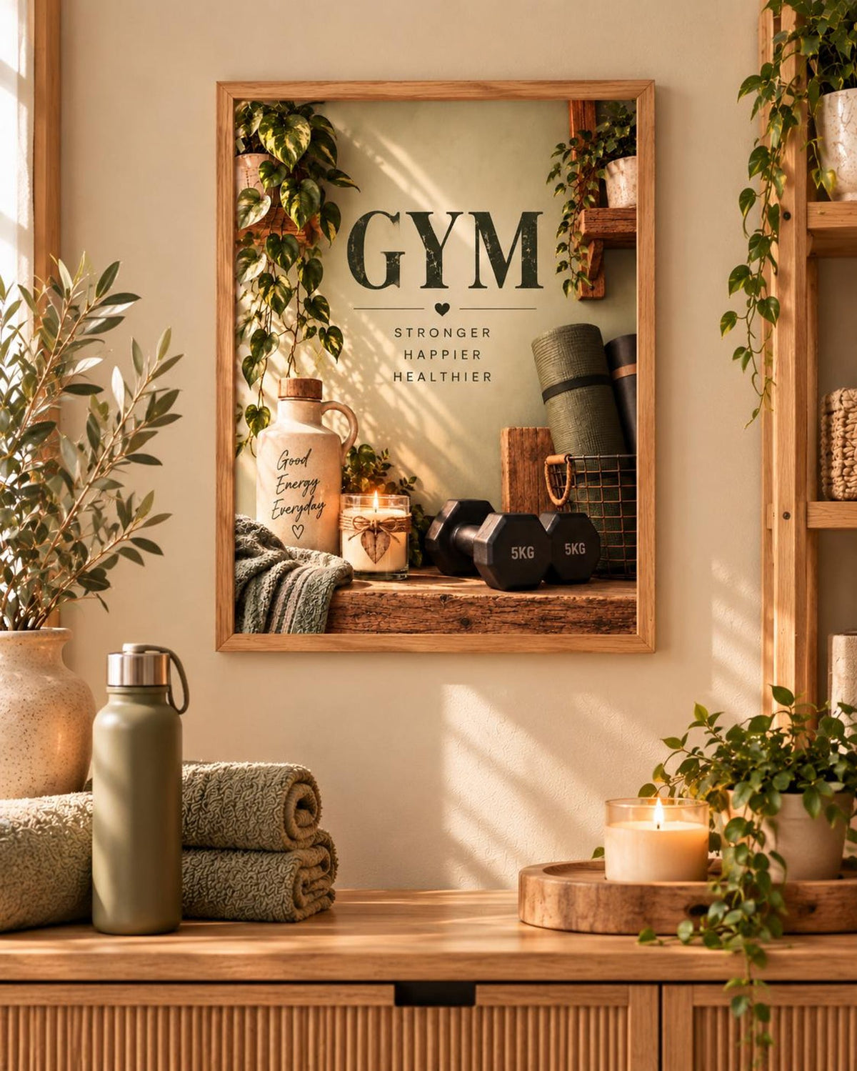 Botanical home gym print with motivational wording in a warm interior, lifestyle view 4