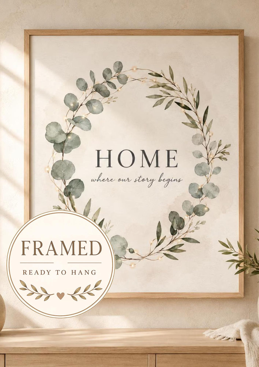Framed HOME where our story begins eucalyptus wreath wall art front image