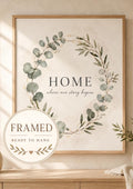 Framed HOME where our story begins eucalyptus wreath wall art front image