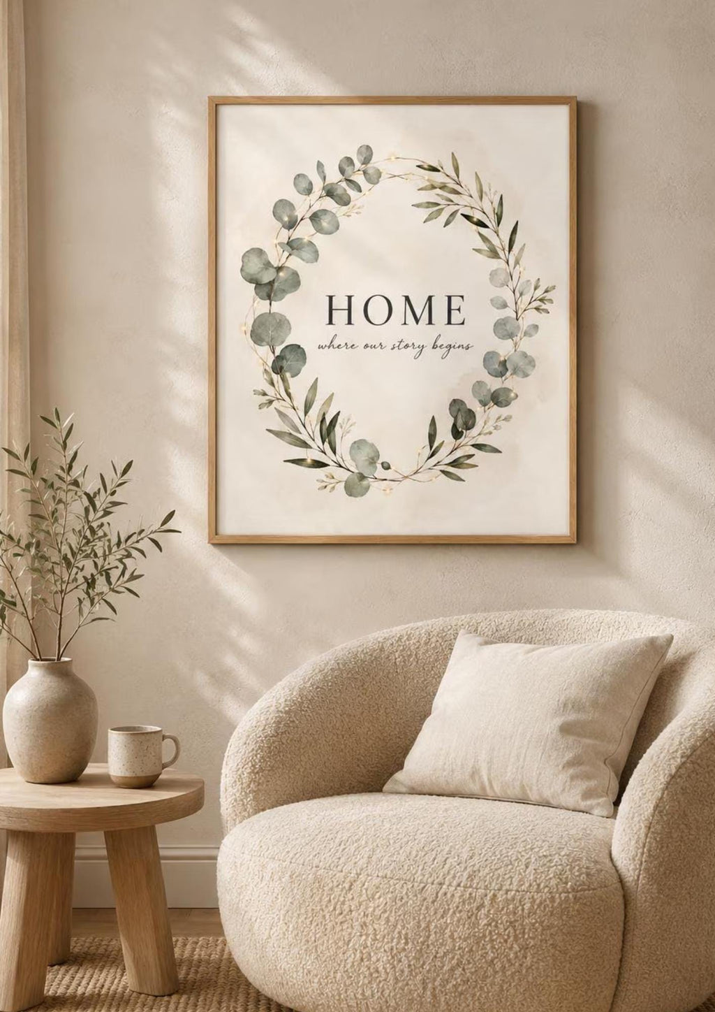 Framed HOME quote print warm neutral living room mockup