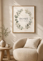 Framed HOME quote print warm neutral living room mockup