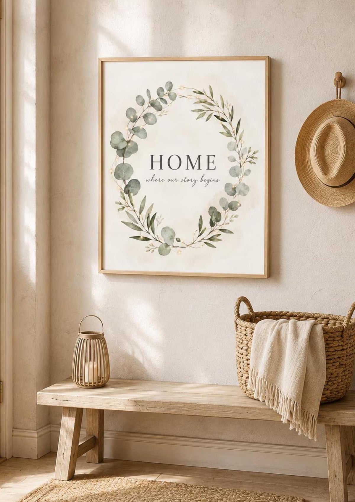 Framed HOME eucalyptus wreath print neutral interior mockup