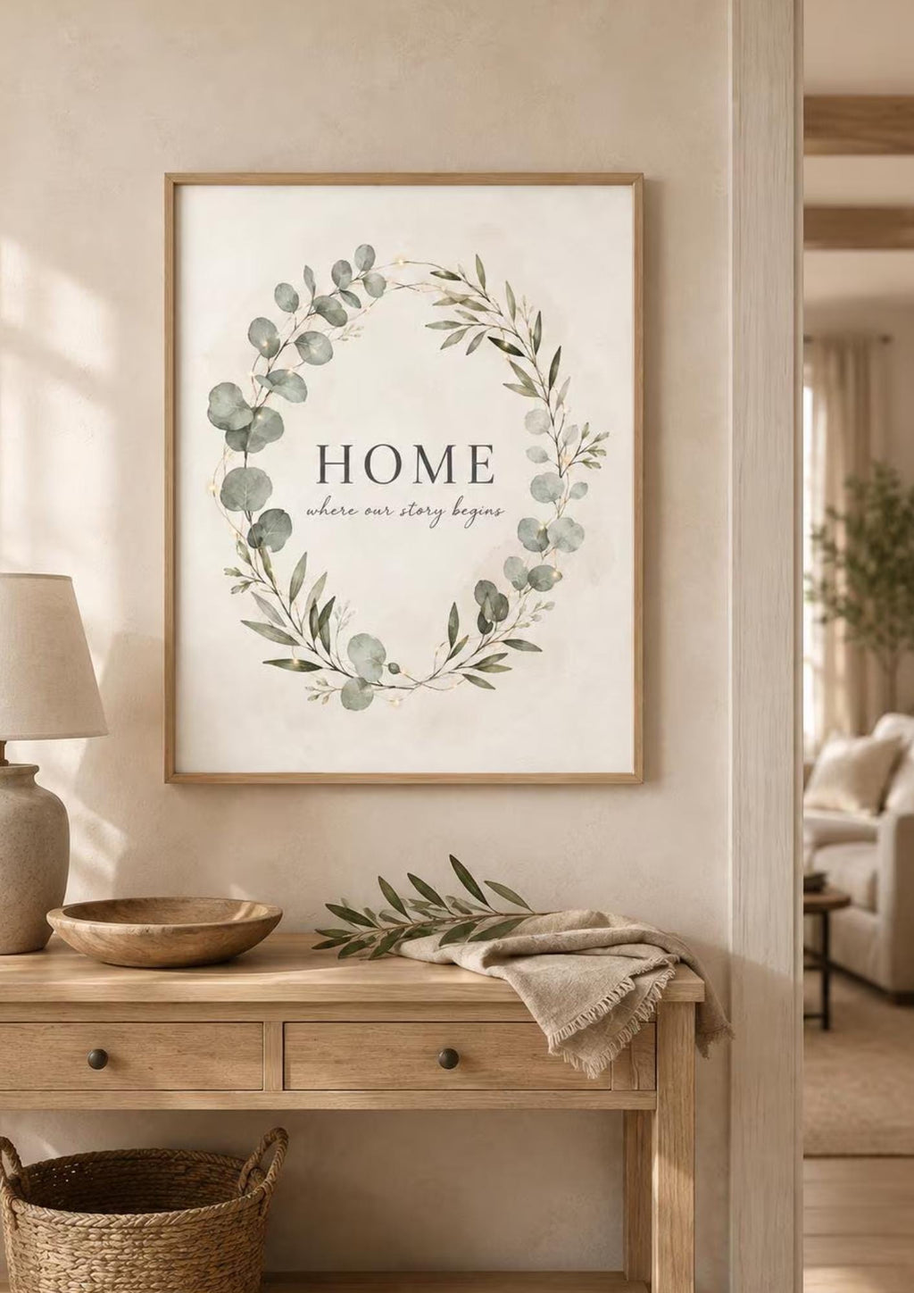 Framed HOME quote print small shelf display mockup
