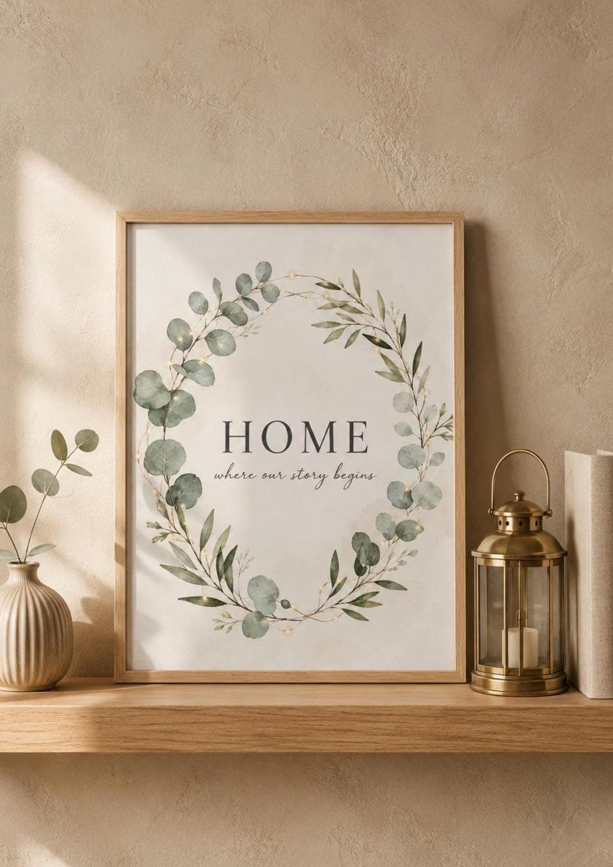 Framed HOME eucalyptus wreath print cosy home interior mockup