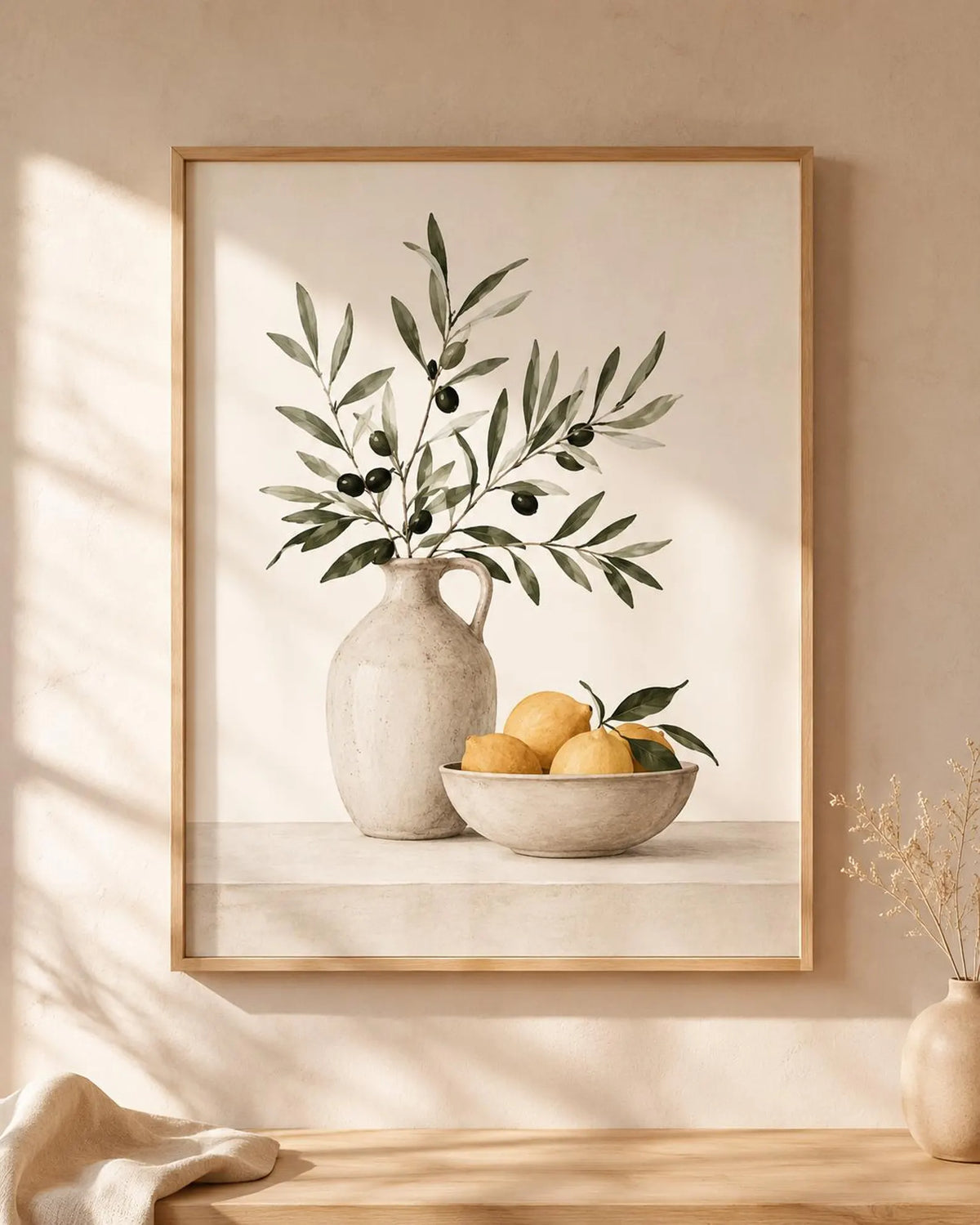 Olive Branch Kitchen Wall Art Print, Mediterranean Kitchen Decor, Lemon Still Life Print, Neutral Olive Artwork, Rustic Kitchen Wall Decor