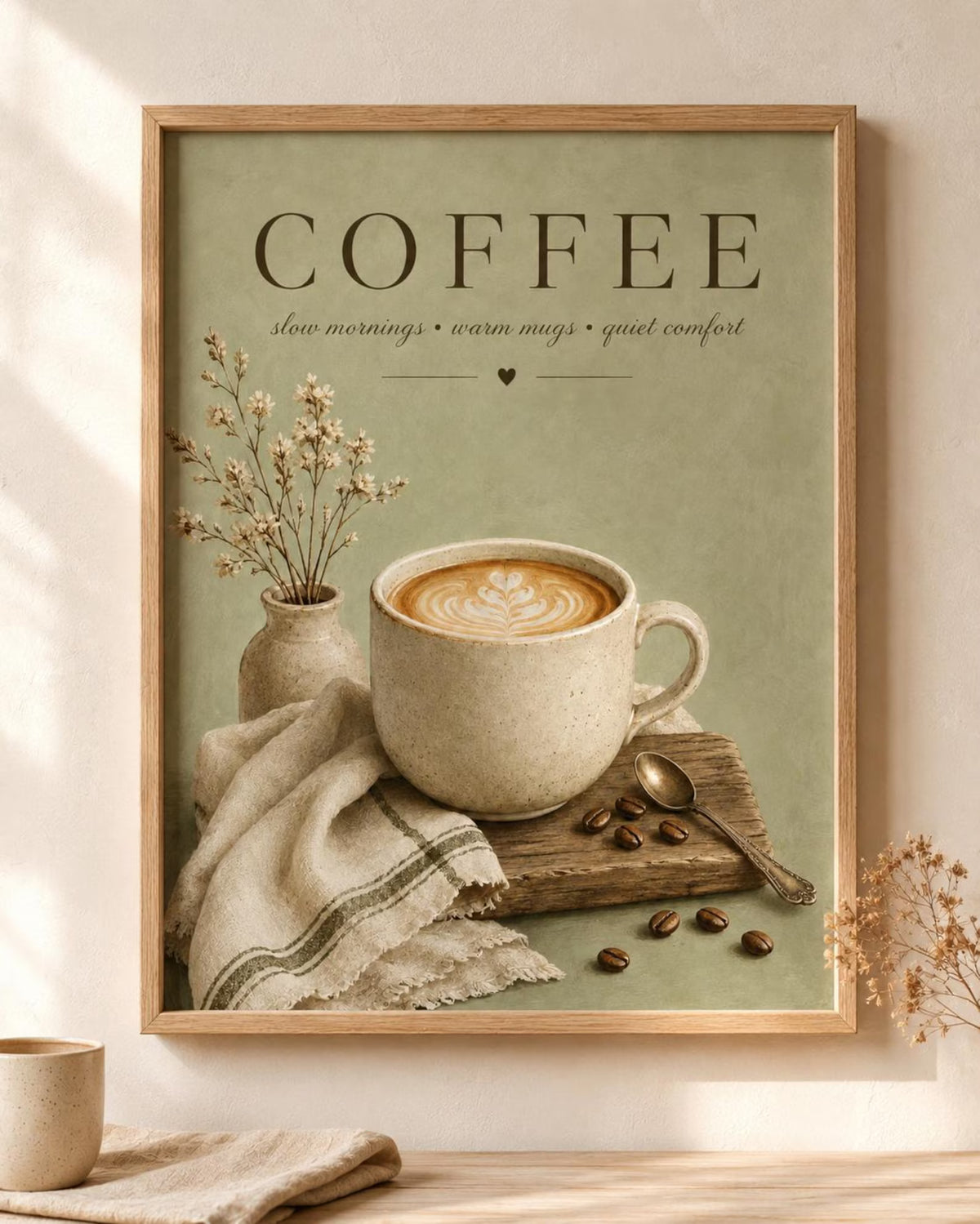 Coffee Wall Art Print – Sage Green Kitchen Decor, Neutral Farmhouse Café Corner Artwork