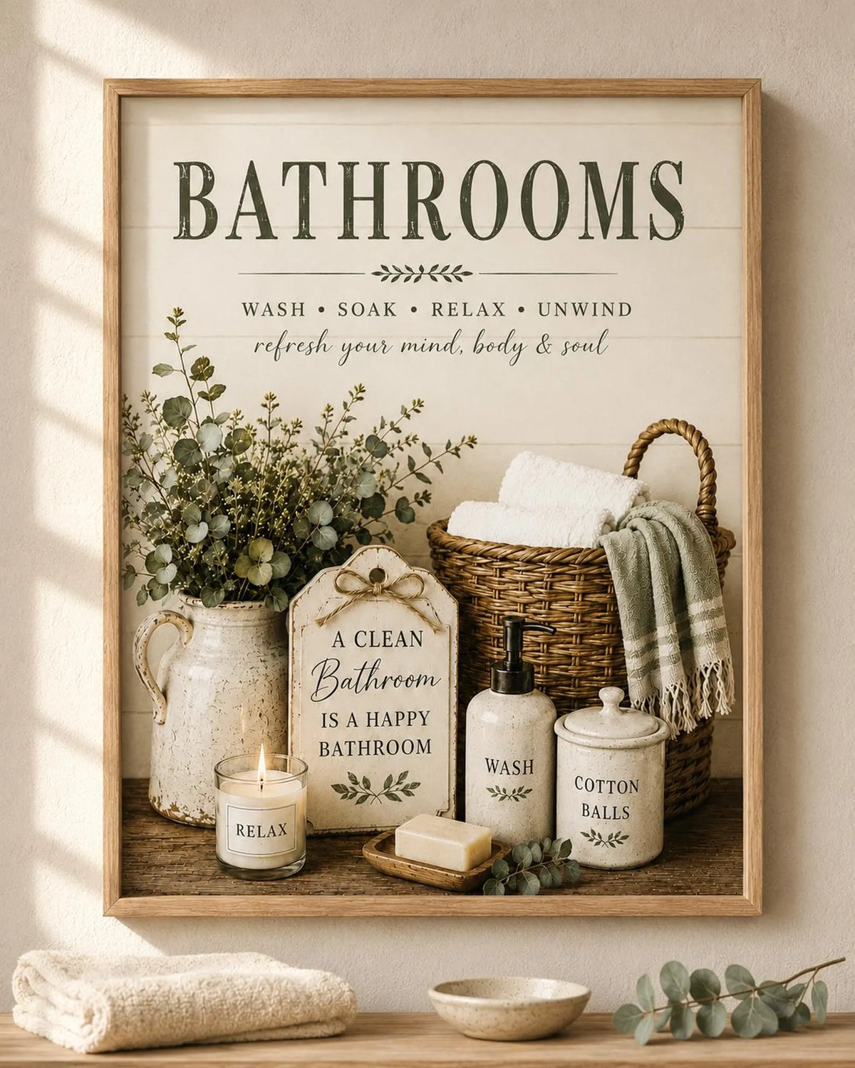Farmhouse Bathroom Print, Neutral Vintage Wash Soak Relax Wall Art