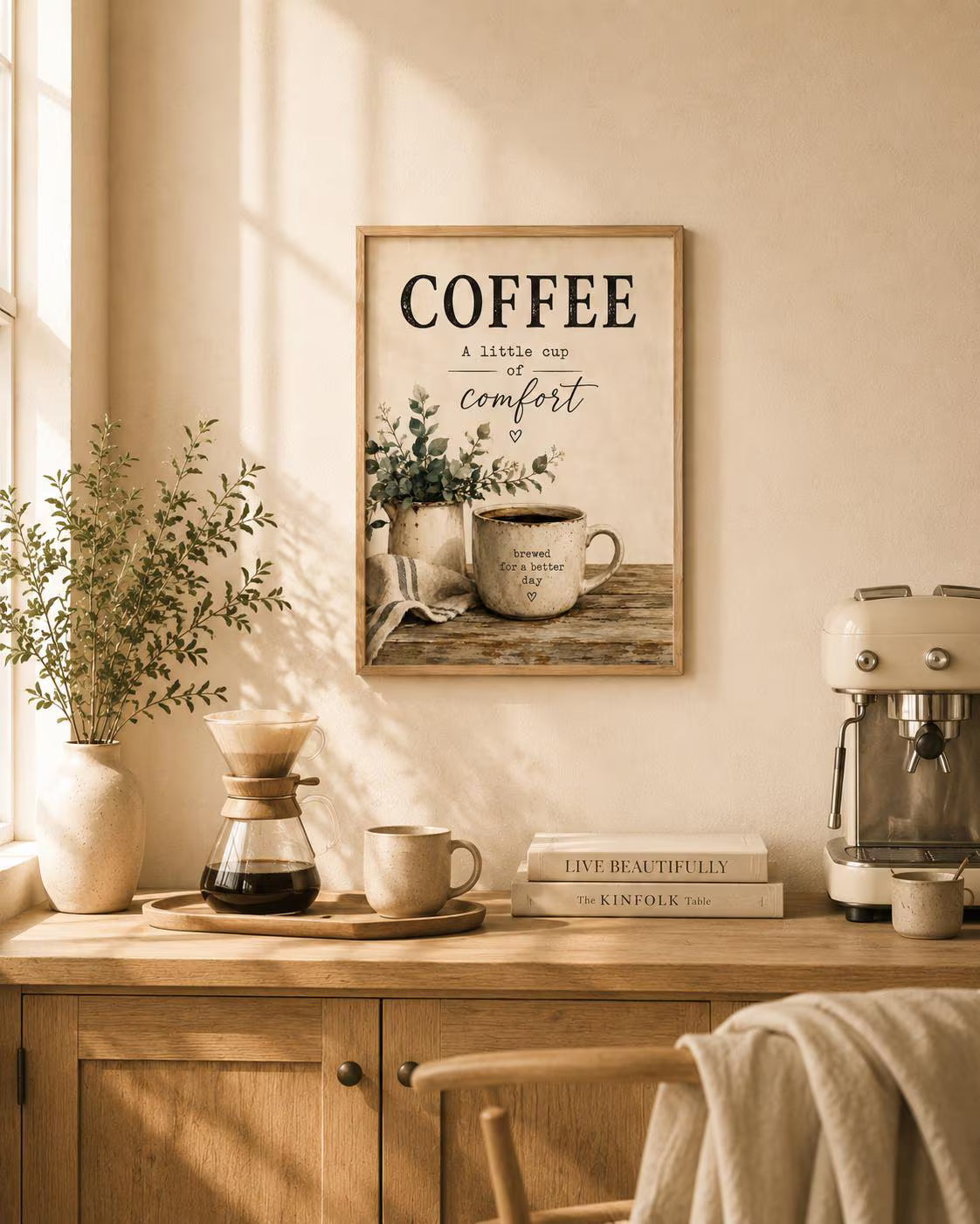 Coffee Wall Art Print, Farmhouse Kitchen Decor, Coffee Bar Sign, Neutral Rustic Artwork, Scandinavian Coffee Corner Print