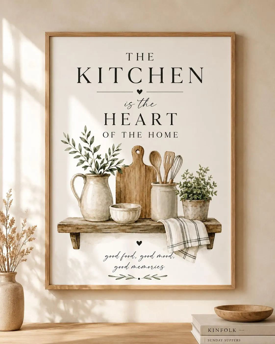 Kitchen Wall Art Print Farmhouse Decor, Neutral Kitchen Artwork, Scandinavian Home Decor, Rustic Shelf Print, Cozy Gift