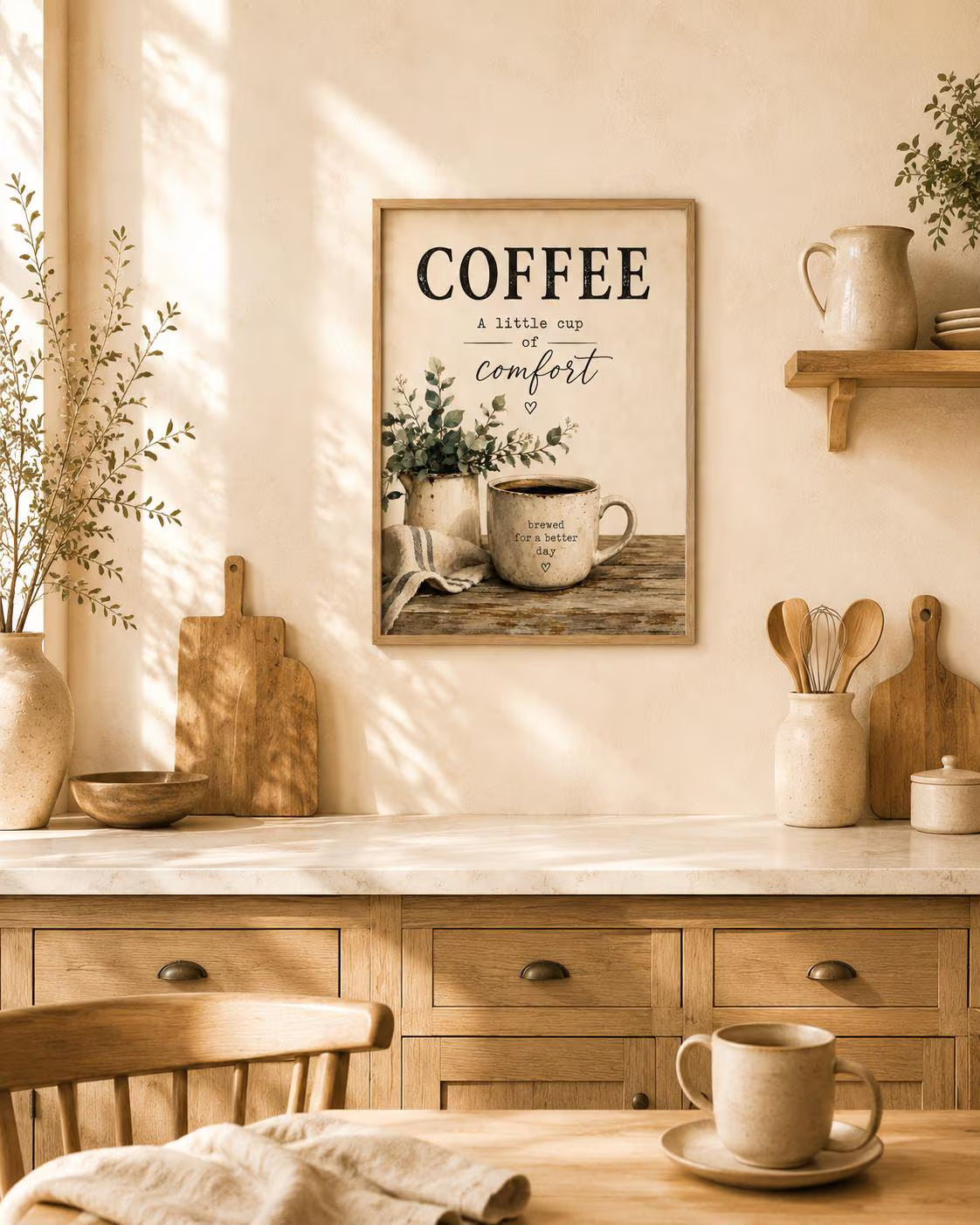 Coffee Wall Art Print, Farmhouse Kitchen Decor, Coffee Bar Sign, Neutral Rustic Artwork, Scandinavian Coffee Corner Print