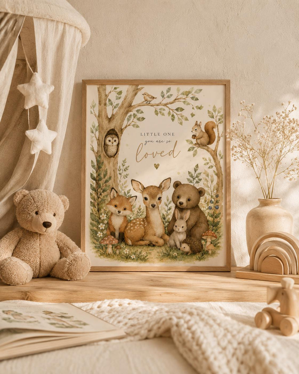 Framed Woodland Nursery Wall Art Print, Neutral Baby Room Decor, Forest Animal Quote Artwork, Scandinavian Kids Bedroom Gift