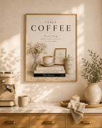 Framed neutral coffee bar print styled room