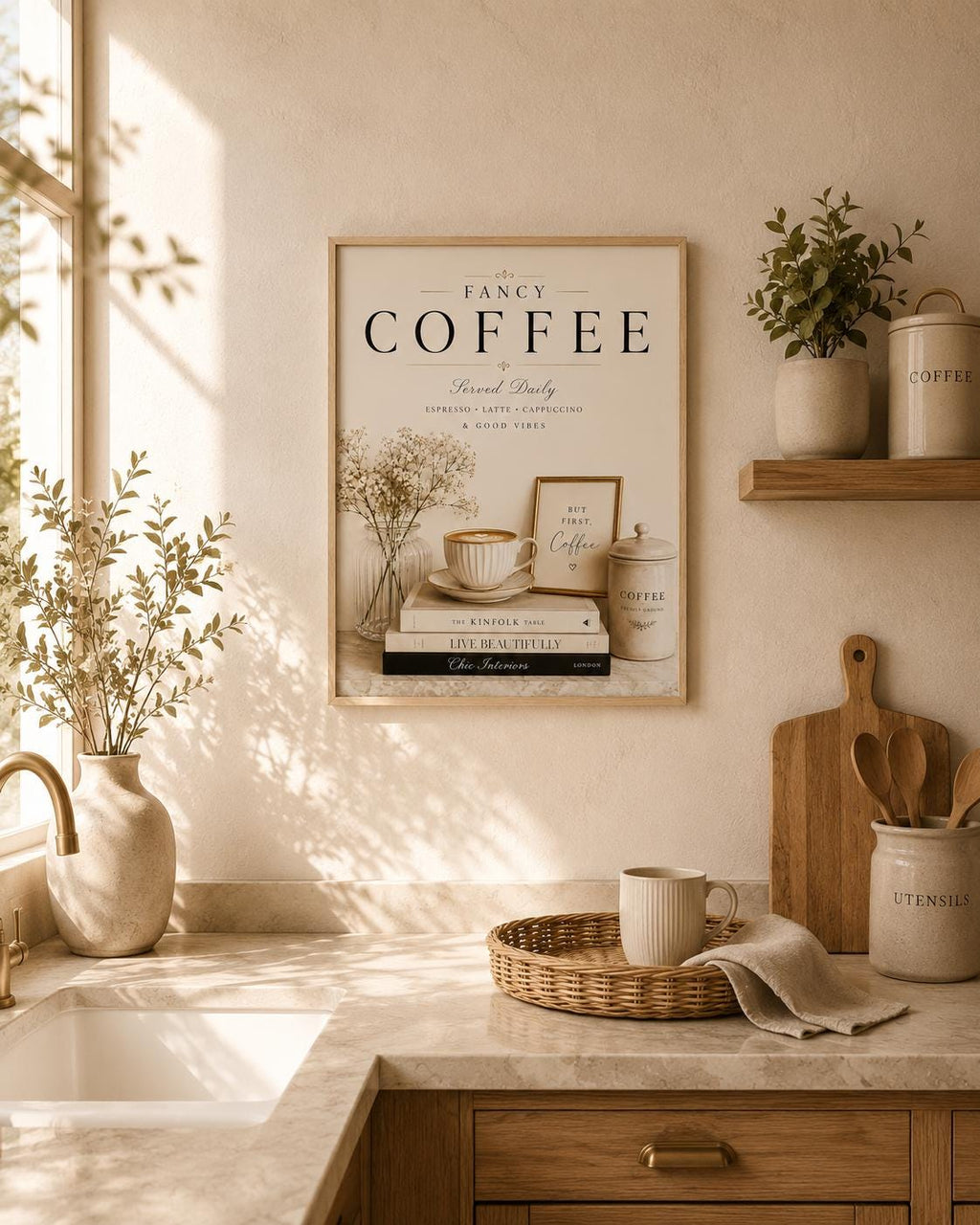 Neutral framed coffee wall art room mockup