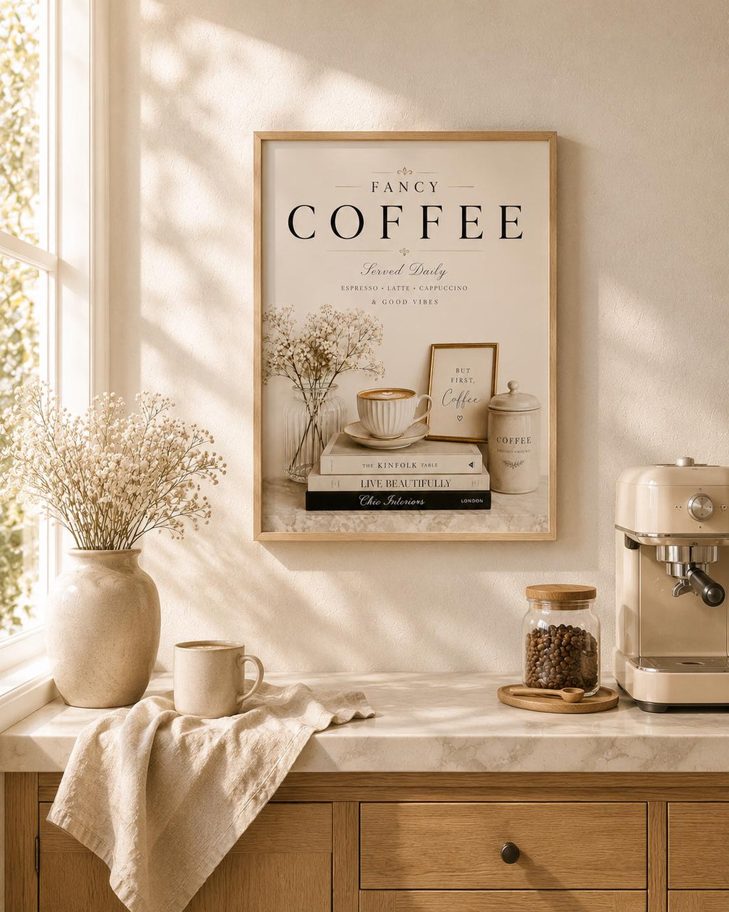 Coffee station wall art room mockup