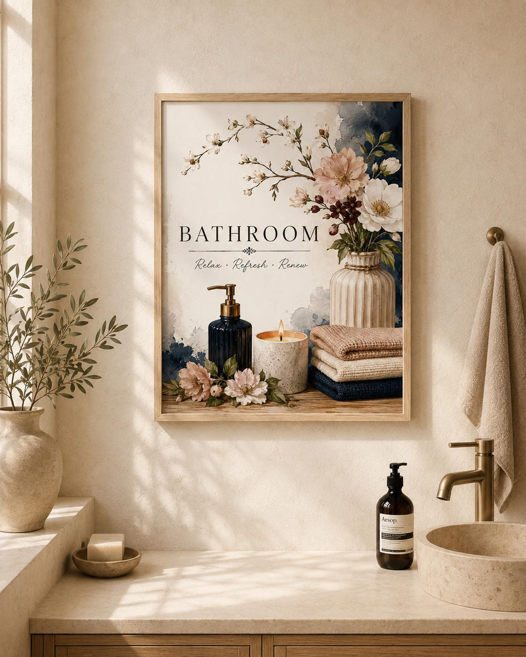 Framed spa bathroom artwork room mockup