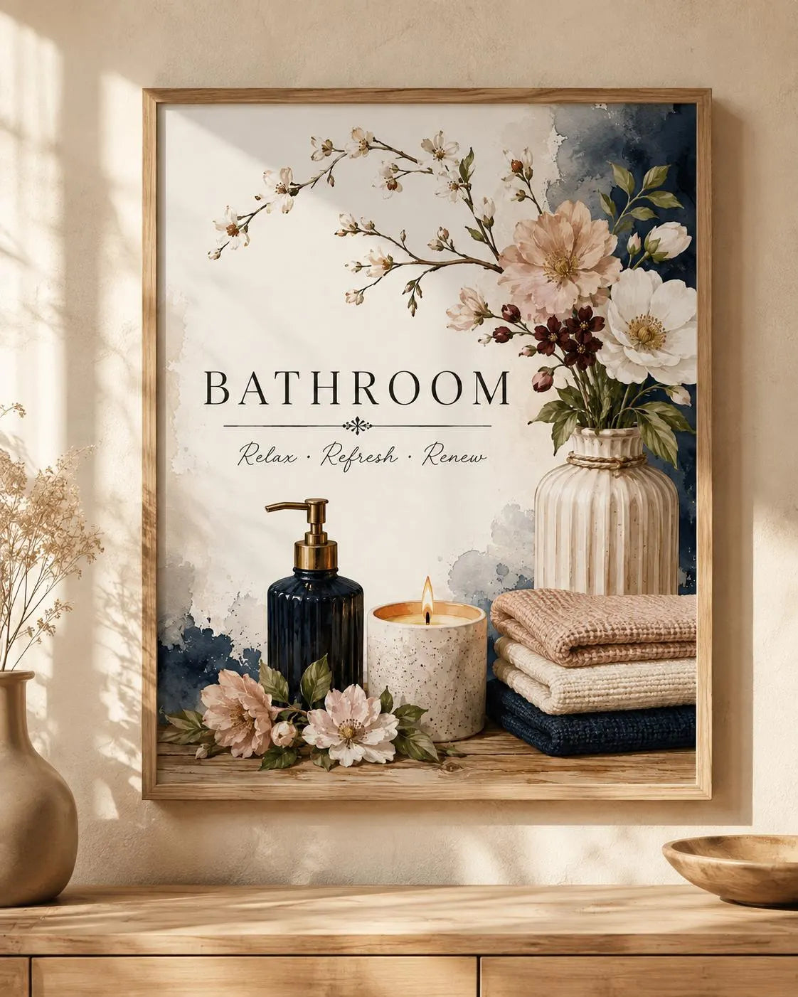 Bathroom Wall Art Print, Floral Decor, Neutral Spa Artwork, Modern Farmhouse Style, Botanical Wall Decor, Relax Refresh Renew, Home Gift