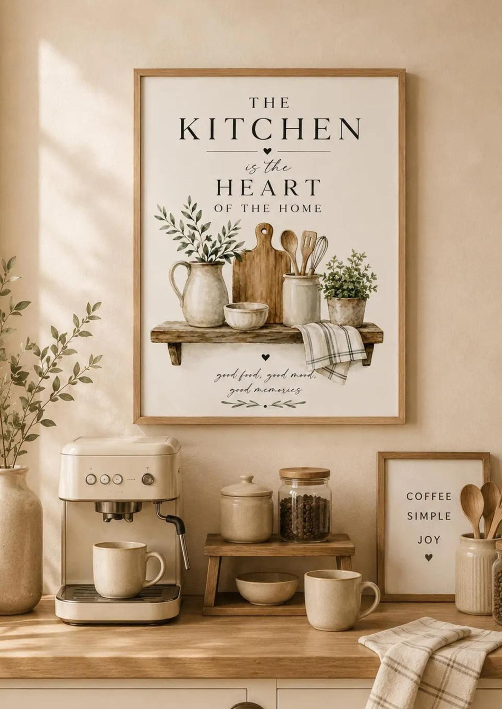 Framed Kitchen Wall Art, Heart of the Home Quote, Neutral Farmhouse Botanical Print, Housewarming Gift
