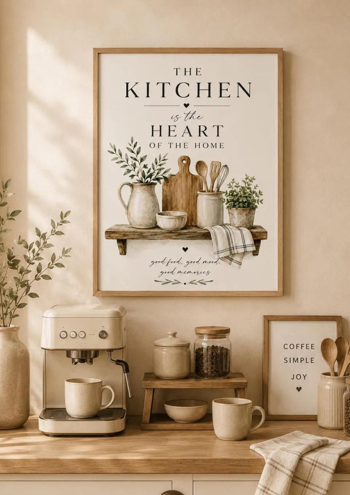 Kitchen Wall Art Print Farmhouse Decor, Neutral Kitchen Artwork, Scandinavian Home Decor, Rustic Shelf Print, Cozy Gift