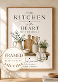 Framed Kitchen Wall Art, Heart of the Home Quote, Neutral Farmhouse Botanical Print, Housewarming Gift