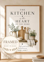 Framed Kitchen Wall Art, Heart of the Home Quote, Neutral Farmhouse Botanical Print, Housewarming Gift
