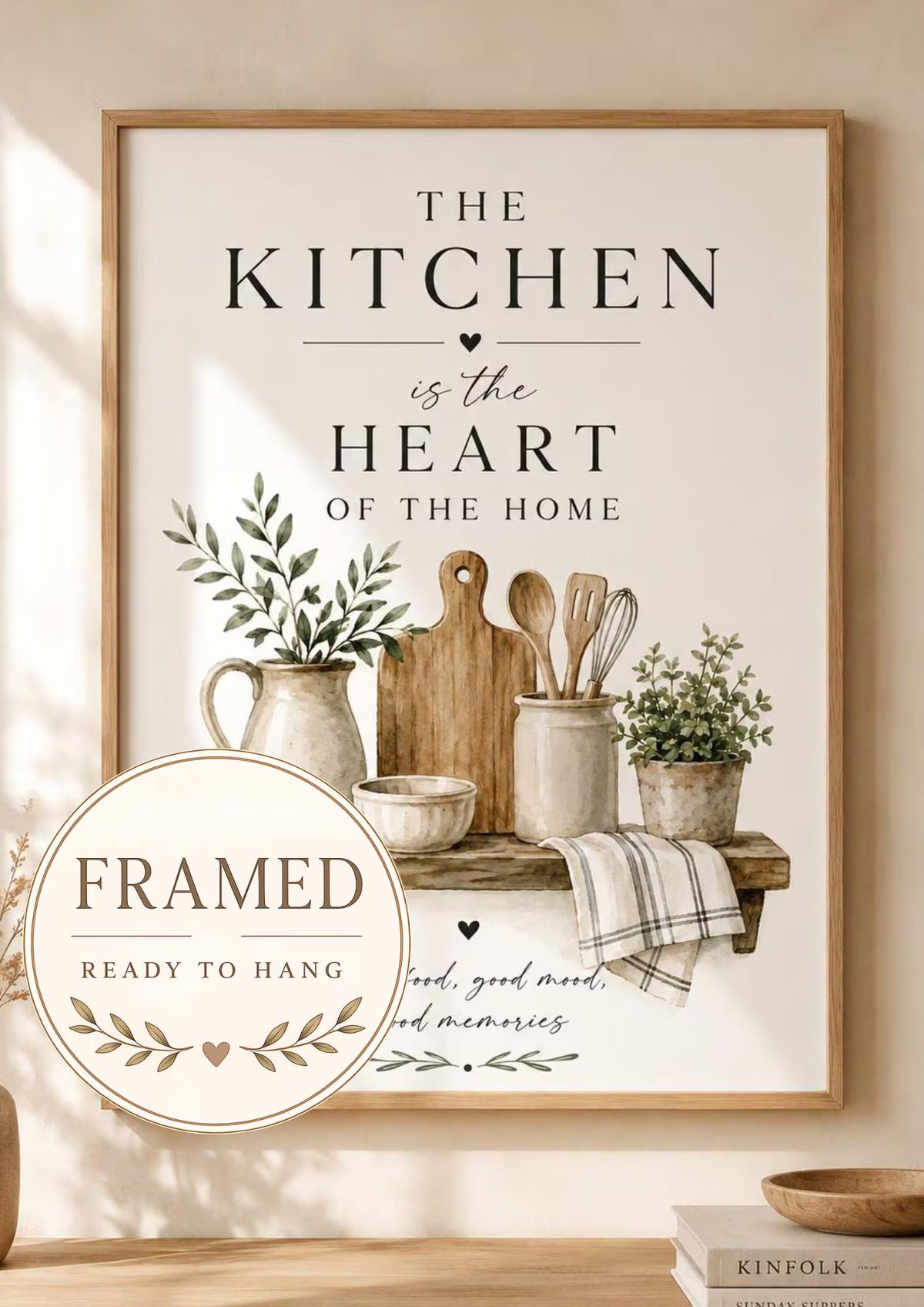 Framed Kitchen Wall Art, Heart of the Home Quote, Neutral Farmhouse Botanical Print, Housewarming Gift