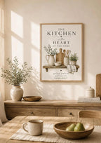 Framed Kitchen Wall Art, Heart of the Home Quote, Neutral Farmhouse Botanical Print, Housewarming Gift