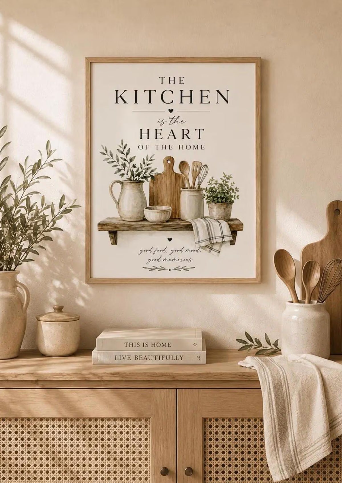 Kitchen Wall Art Print Farmhouse Decor, Neutral Kitchen Artwork, Scandinavian Home Decor, Rustic Shelf Print, Cozy Gift