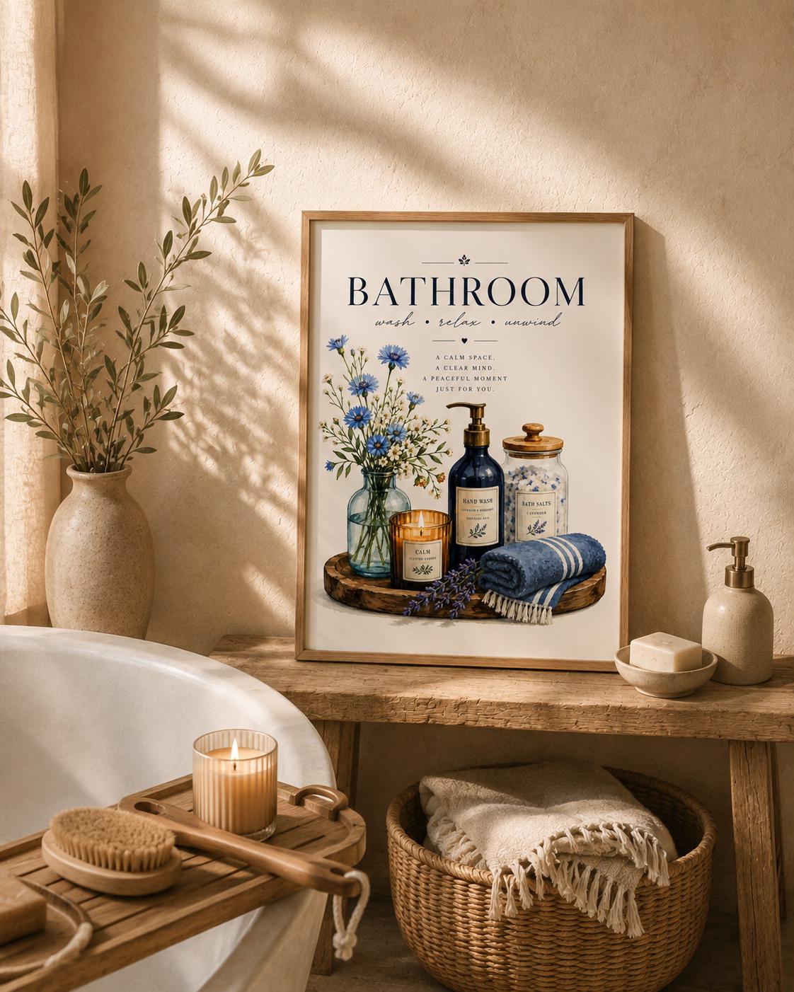 Bathroom wall art styled in a neutral spa interior